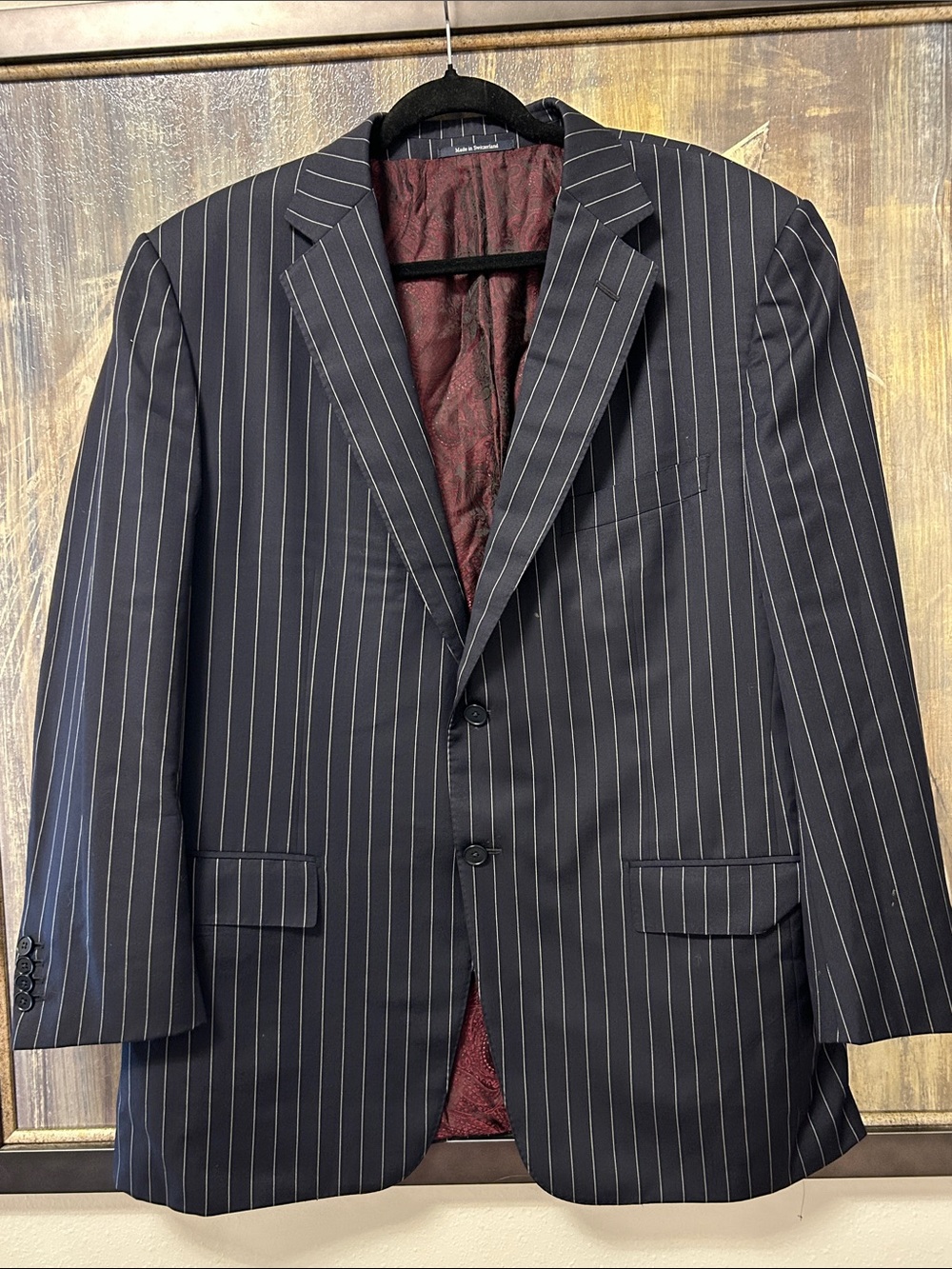 Ermenegildo Zegna Black Pinstripe Suit Jacket with Burgundy Lining 56R